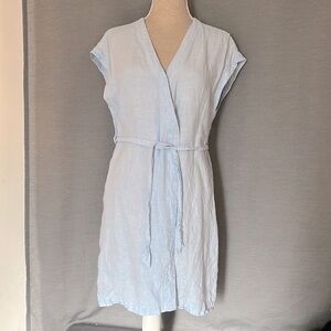 100% Linen Pure Navy Powder Blue Chic Luxury Sheath Tie Waist Dress, Size M